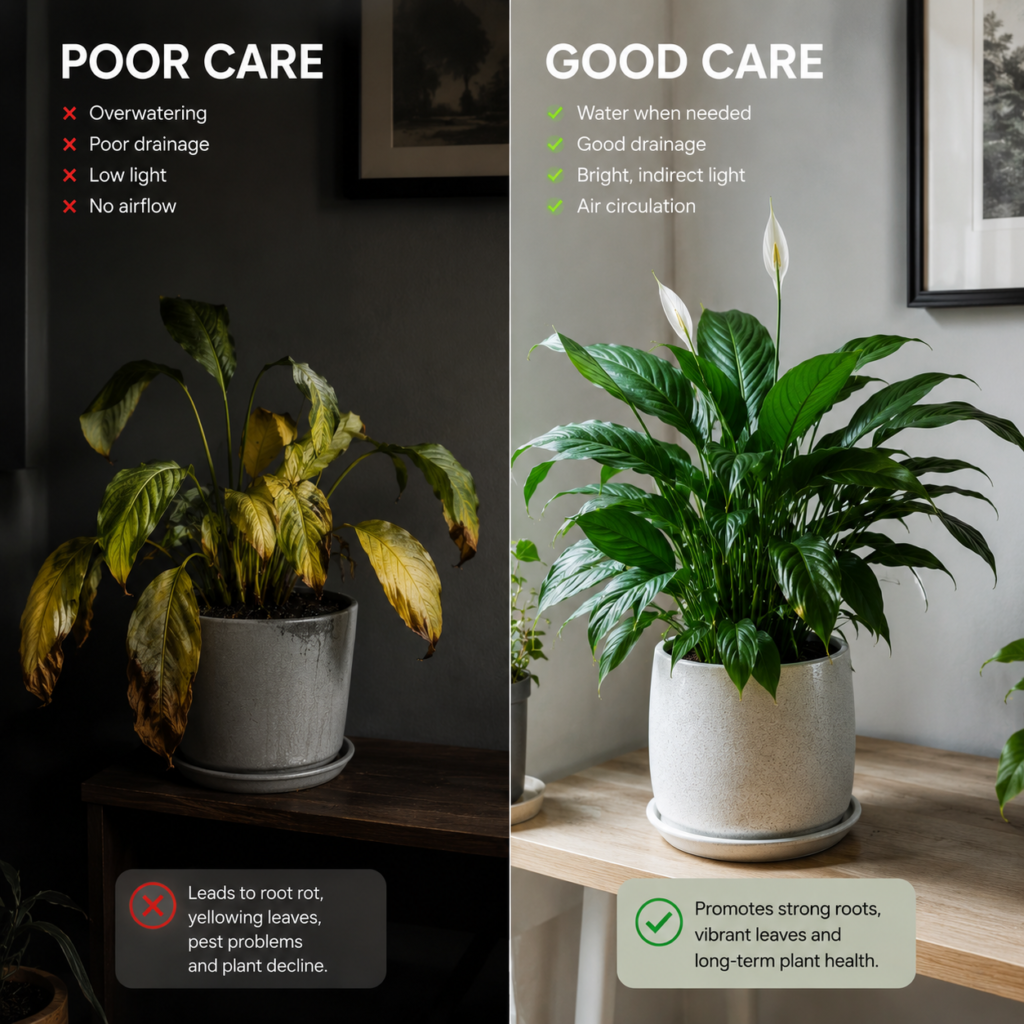 Overwatered vs healthy indoor plant care comparison.