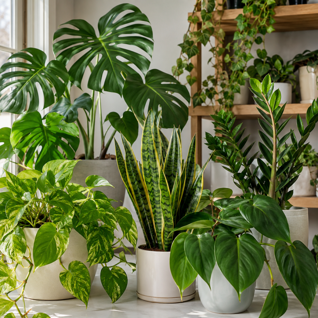 Healthy indoor plants collection featuring pothos, monstera, snake plant, ZZ plant, and philodendron.