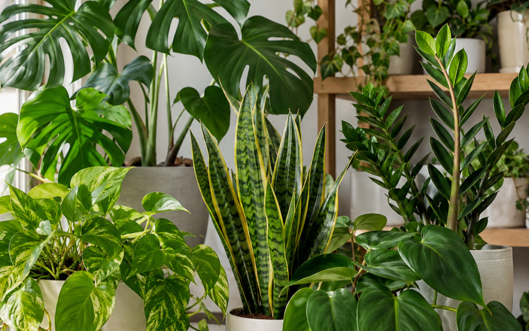 Healthy indoor plants collection featuring pothos, monstera, snake plant, ZZ plant, and philodendron.