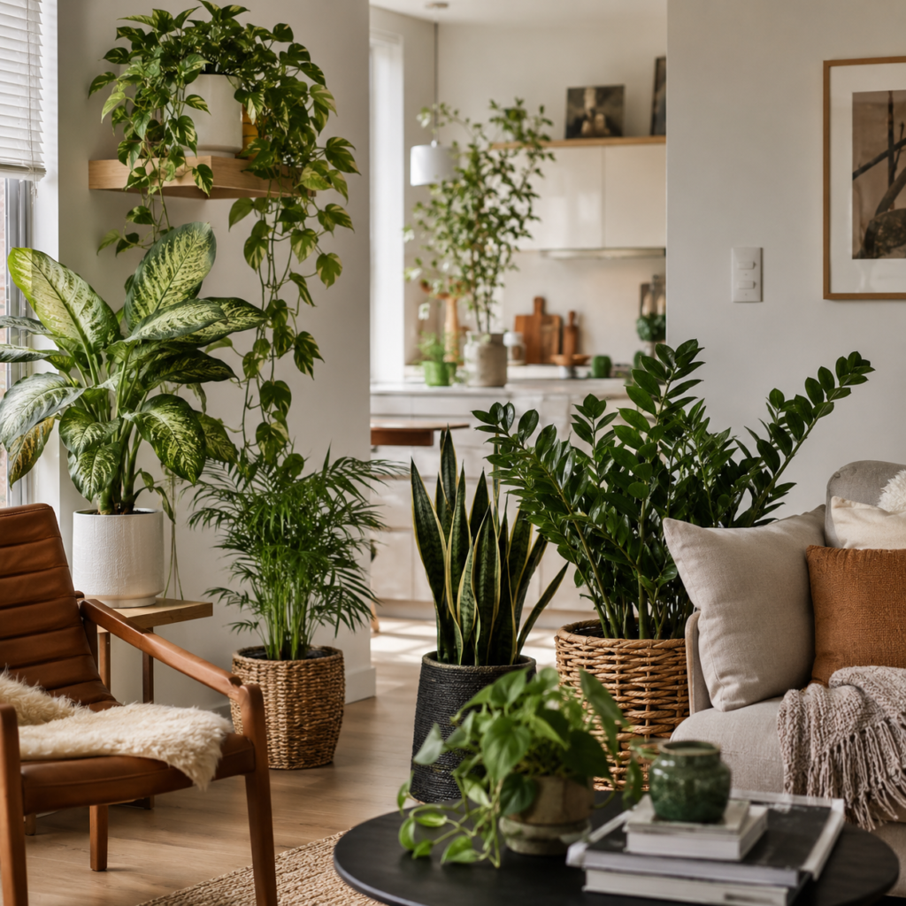 Low-light indoor plants thriving in a modern living room