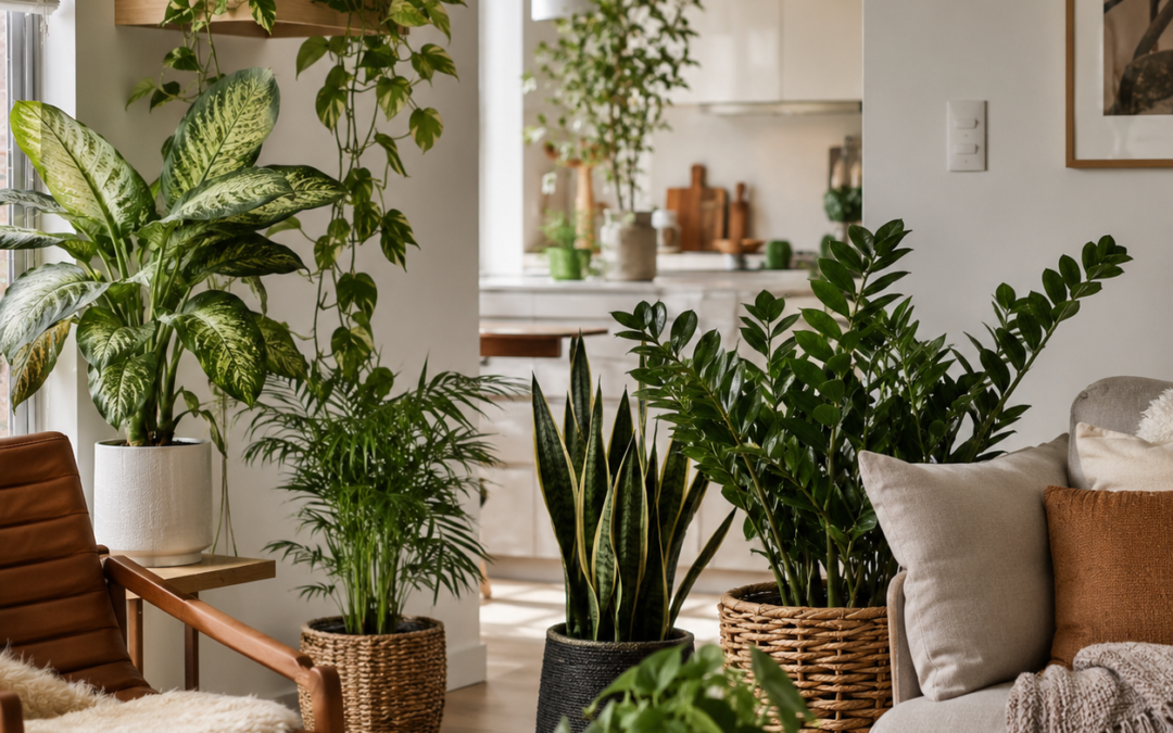 Low-light indoor plants thriving in a modern living room