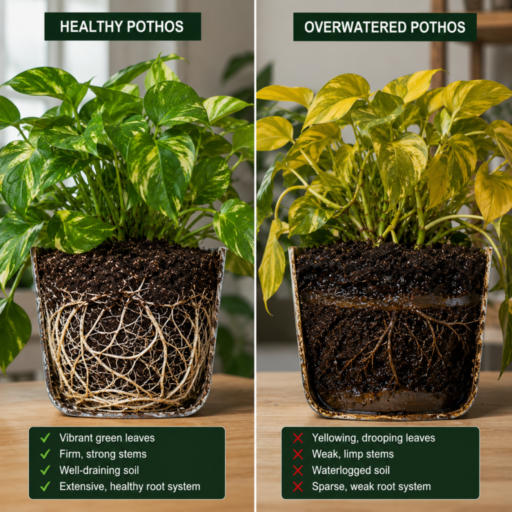 Healthy vs overwatered pothos with root and soil comparison.