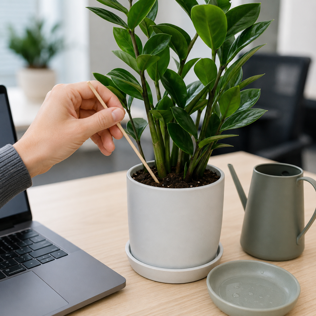 Watering indoor plants on an office desk.