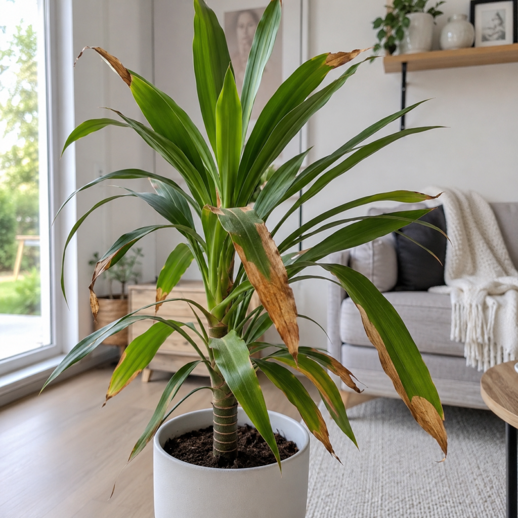 Plant with brown leaf tips and healthy green leaves indoors.