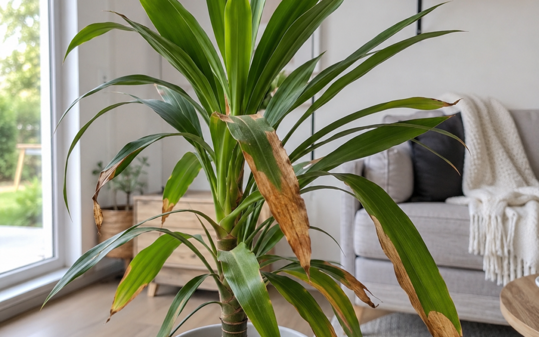 Plant with brown leaf tips and healthy green leaves indoors.