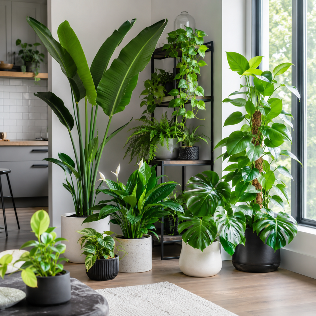 Healthy indoor plants with green leaves and no brown tips.