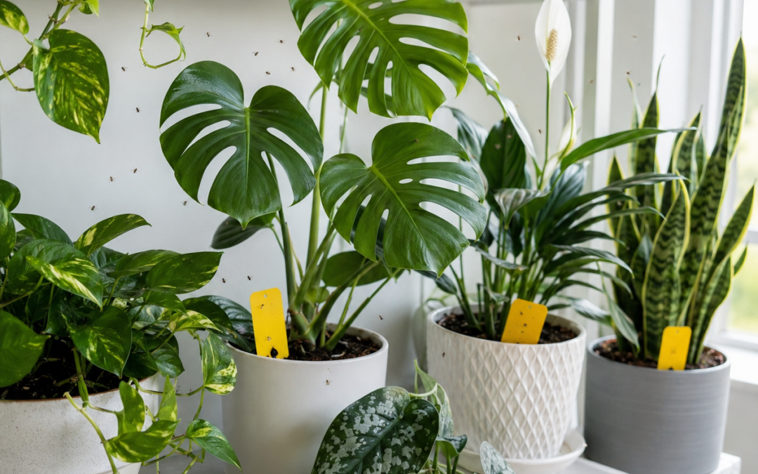 Indoor plants with yellow sticky traps for fungus gnats.