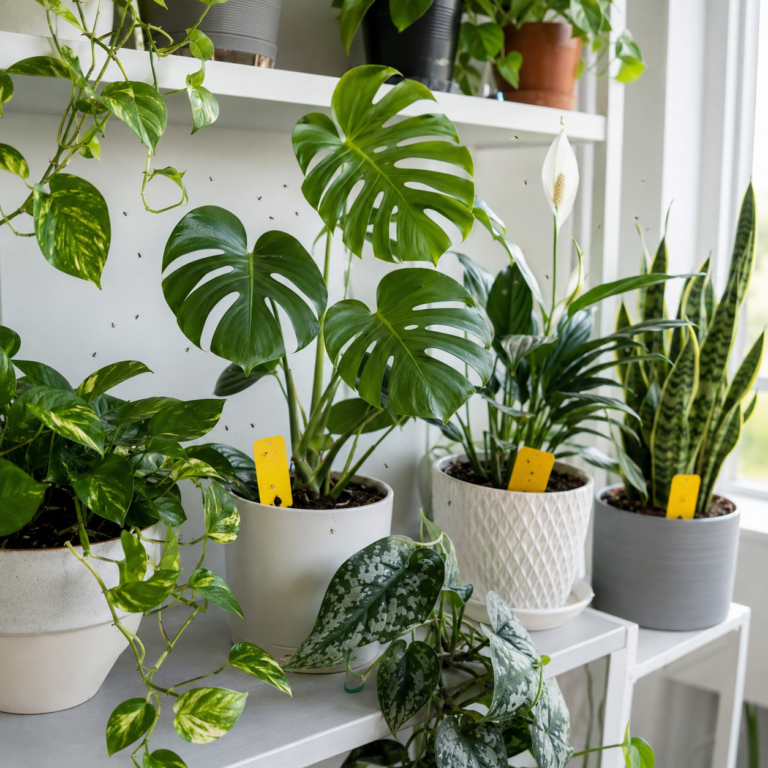Indoor plants with yellow sticky traps for fungus gnats.