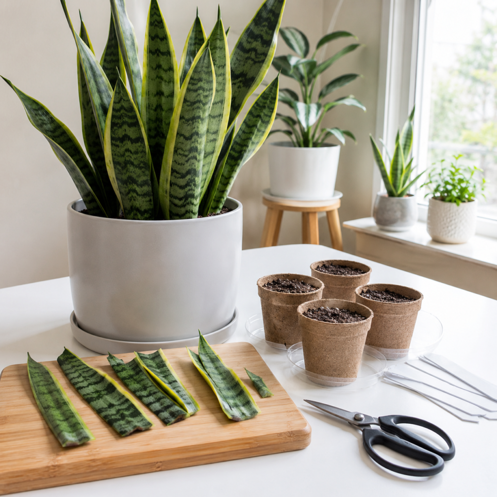 Snake plant propagation setup with cuttings, soil, scissors, and small pots.