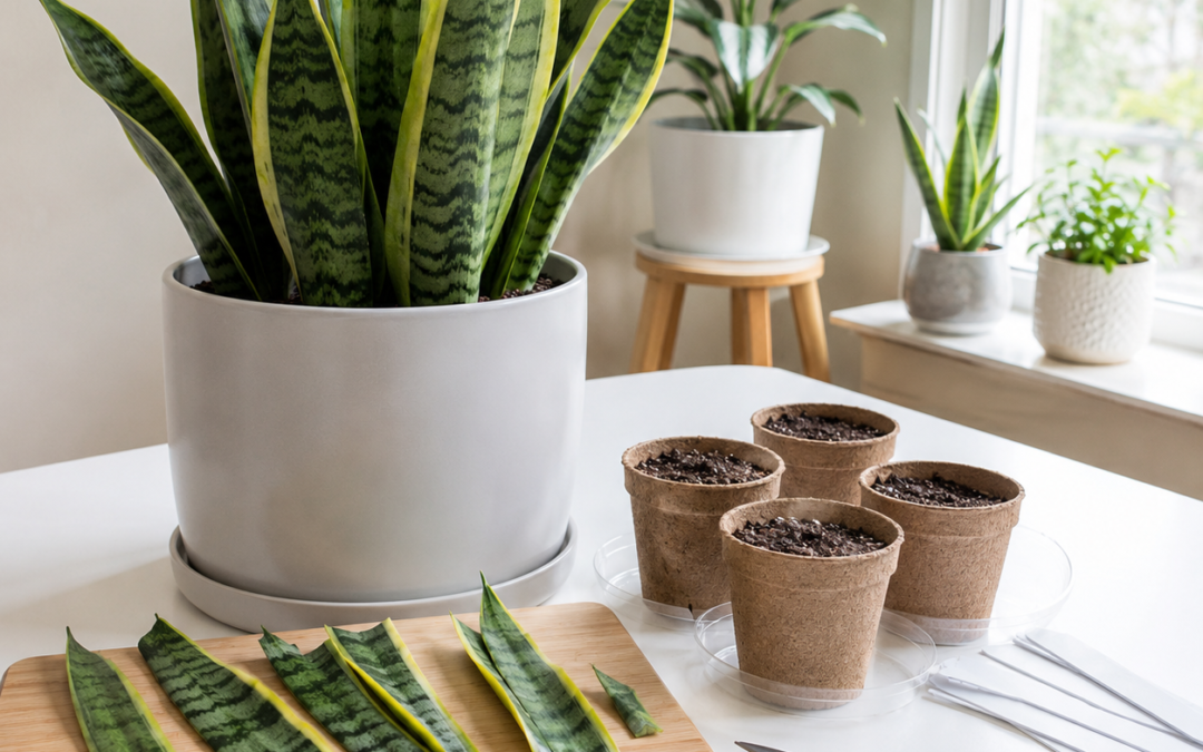 Snake plant propagation setup with cuttings, soil, scissors, and small pots.