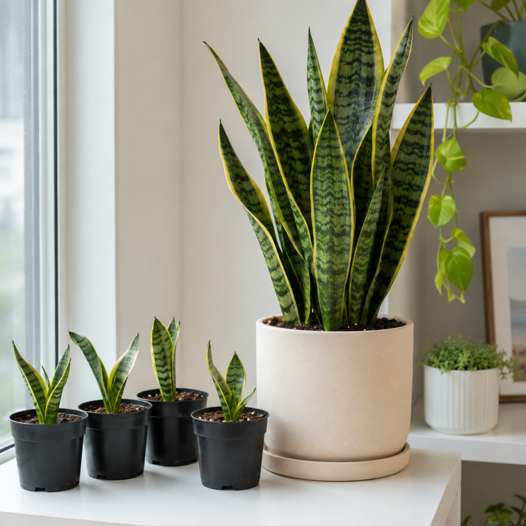 Healthy propagated snake plants growing beside the mother plant.