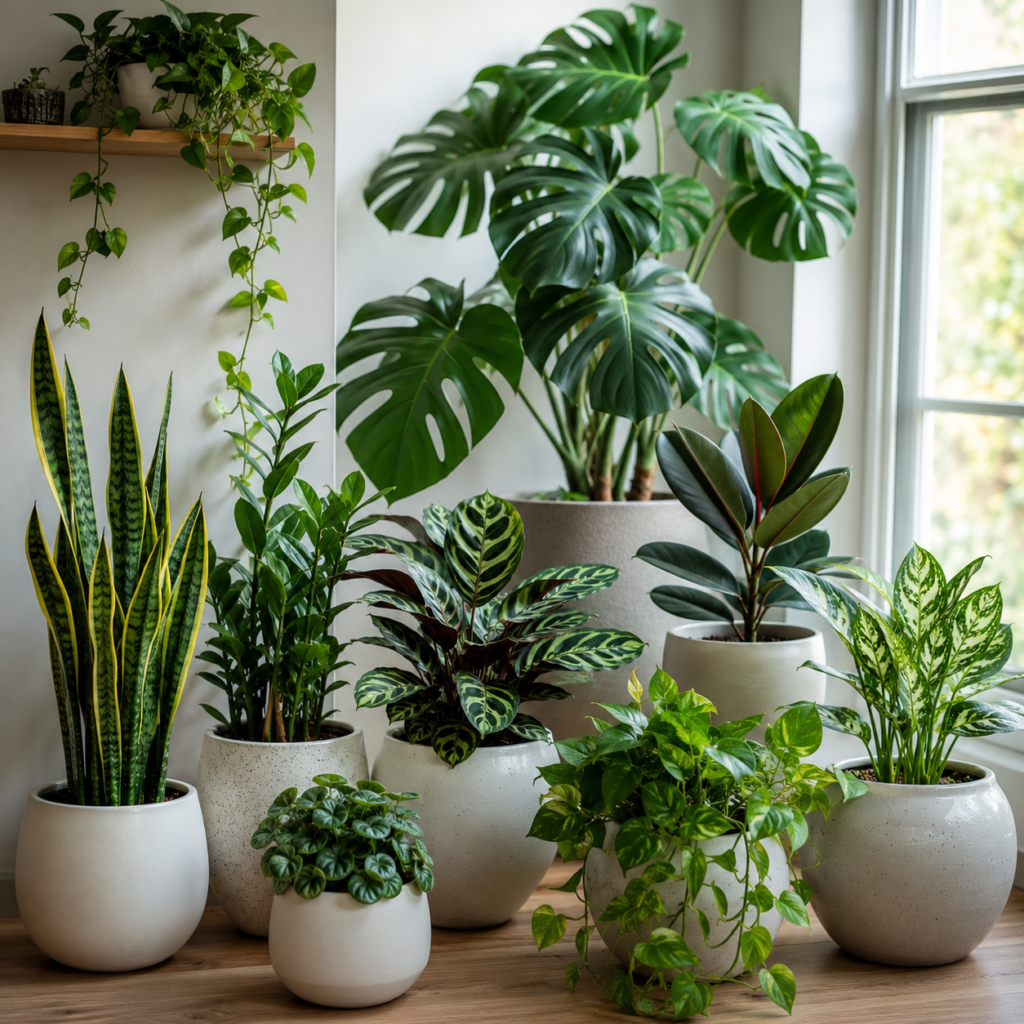 Foliage indoor plants in a bright modern room.