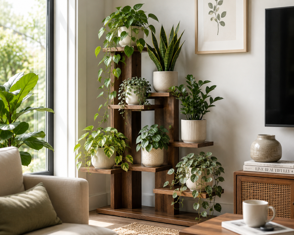 indoor plant shelf ideas in bright living room.
