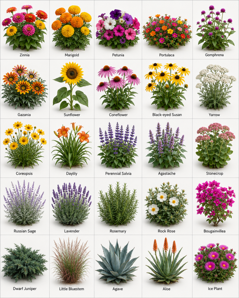 Comparison of 25 outdoor plants for full sun.