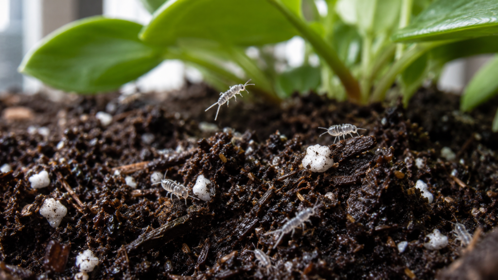 Springtails in houseplant soil.