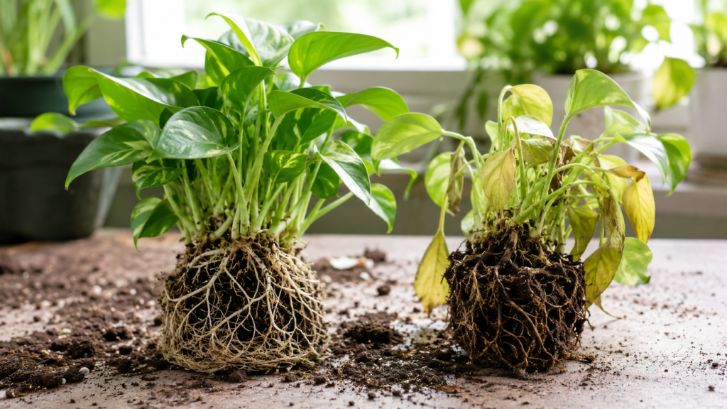 Signs of root rot in plants.