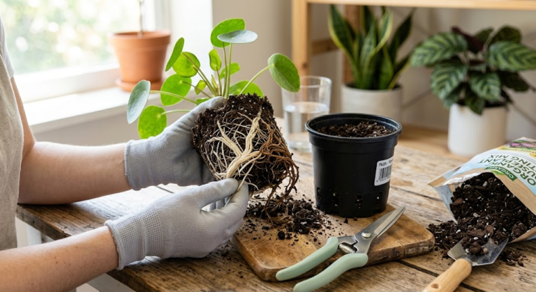 Houseplant with healthy roots and brown mushy root rot roots.