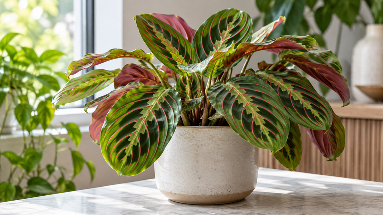 Red prayer plant with green leaves and red veins